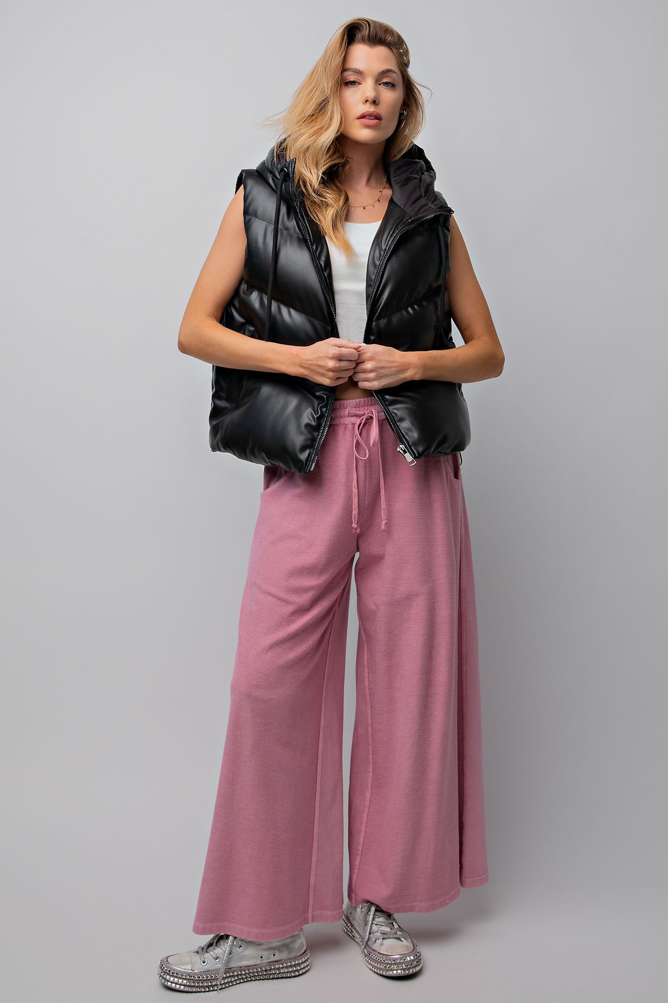 Inside Out Mineral Washed Terry Knit Wide Leg Pants in Dried Rose