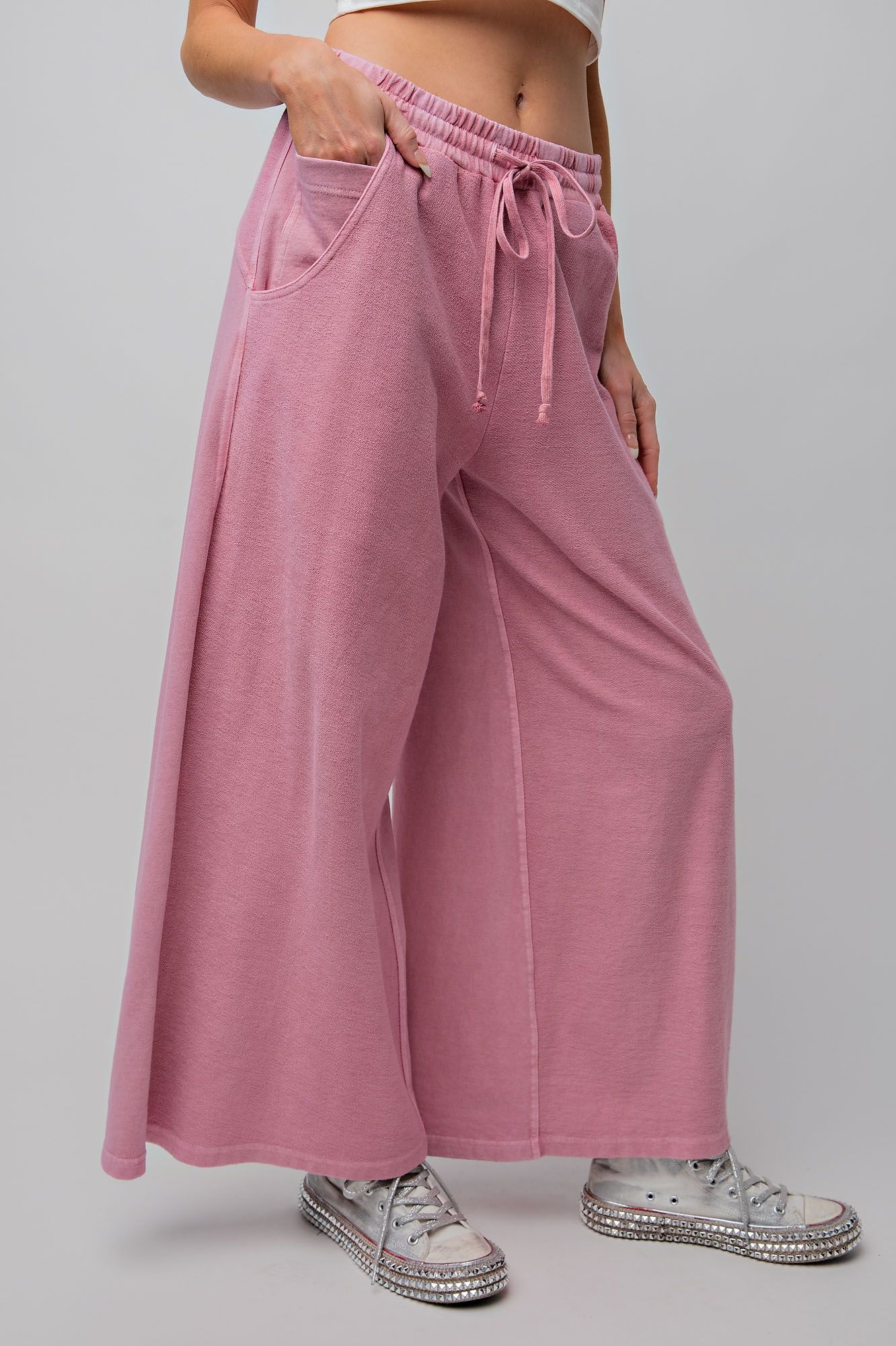 Inside Out Mineral Washed Terry Knit Wide Leg Pants in Dried Rose