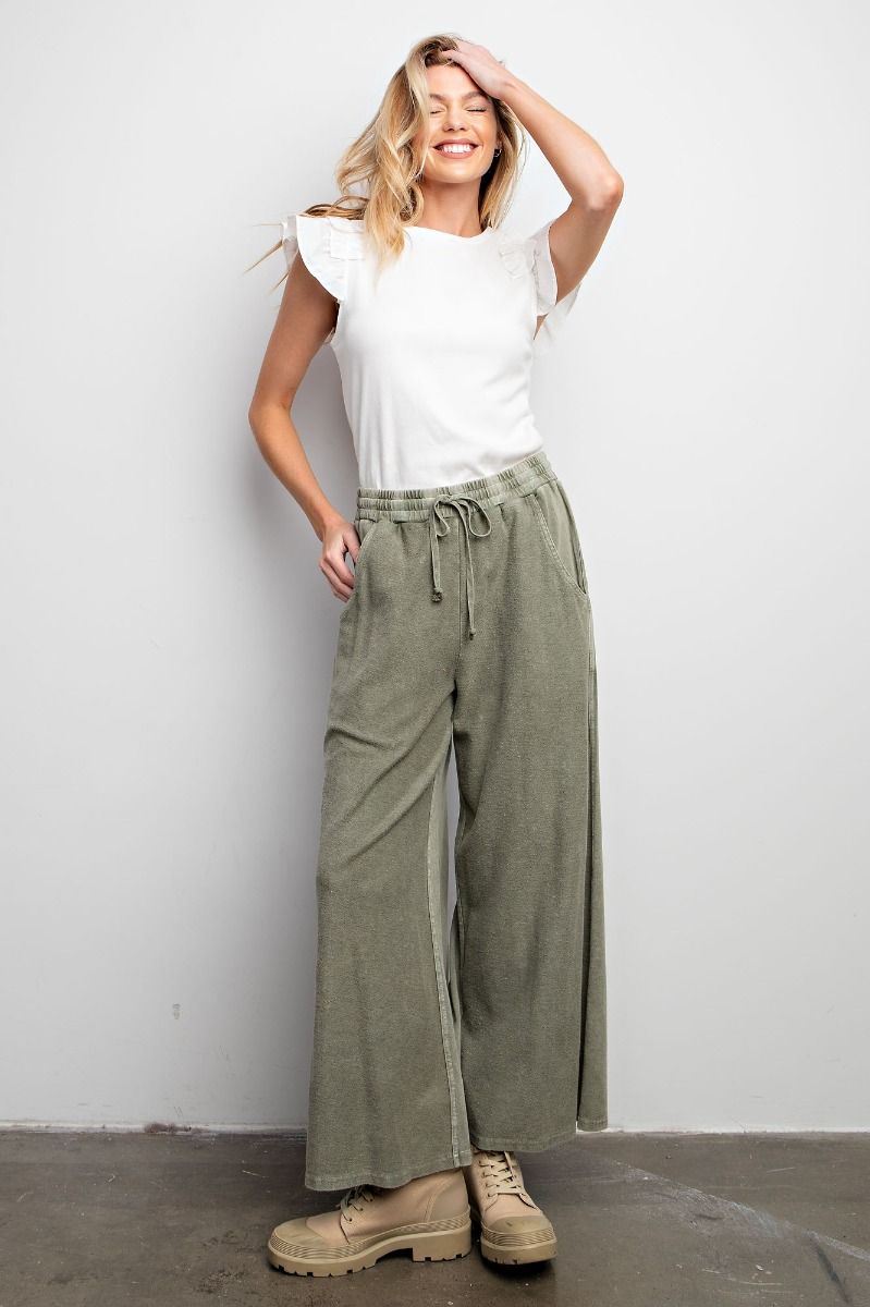 Inside Out Mineral Washed Terry Knit Wide Leg Pants in Faded Olive