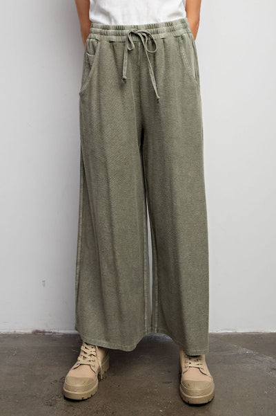 Inside Out Mineral Washed Terry Knit Wide Leg Pants in Faded Olive