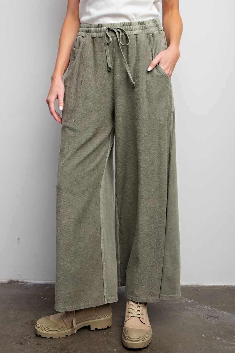 Inside Out Mineral Washed Terry Knit Wide Leg Pants in Faded Olive