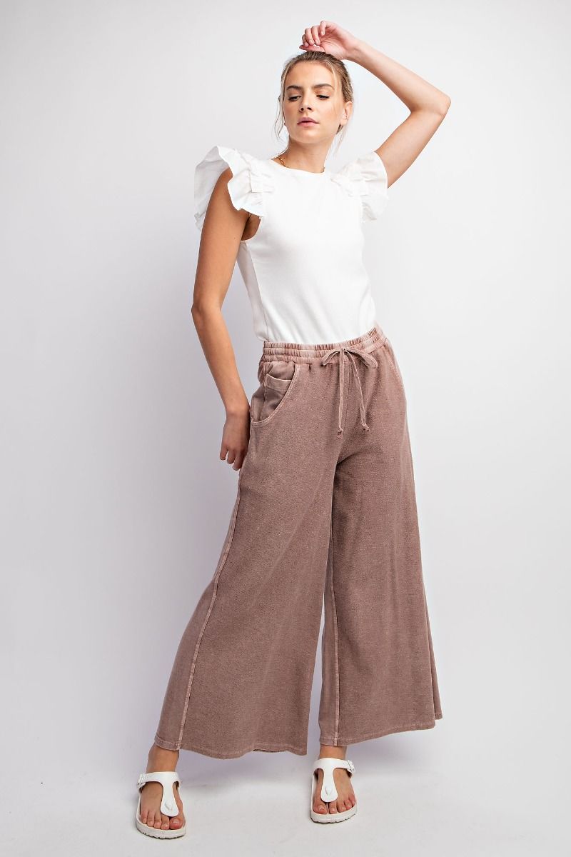 Inside Out Mineral Washed Terry Knit Wide Leg Pants in Rosewood