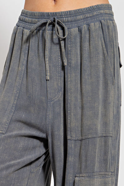 It's All Good Mineral Washed Cargo Wide Leg Pants in Washed Denim