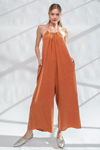 Sophia Wide Leg Washed Linen Jumpsuit in Brick