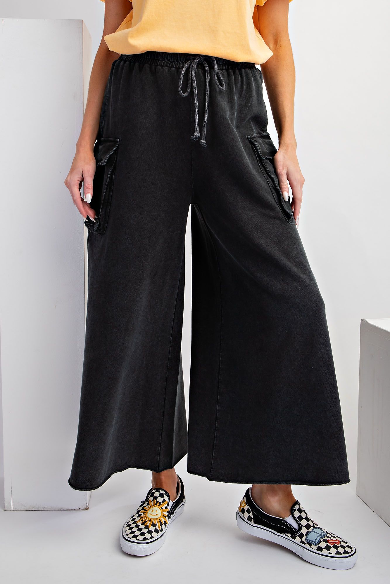 Game On Cropped Cargo Wide Leg Pant in Black