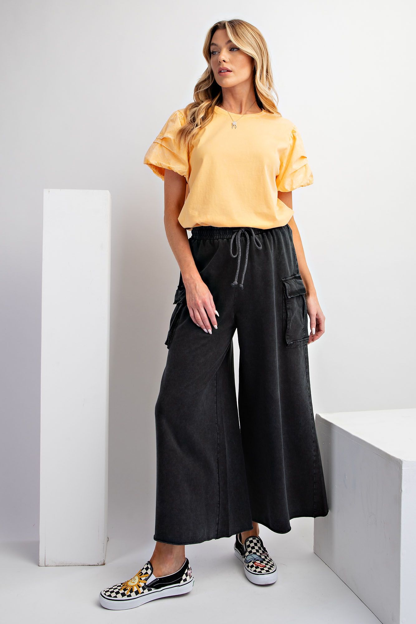 Game On Cropped Cargo Wide Leg Pant in Black