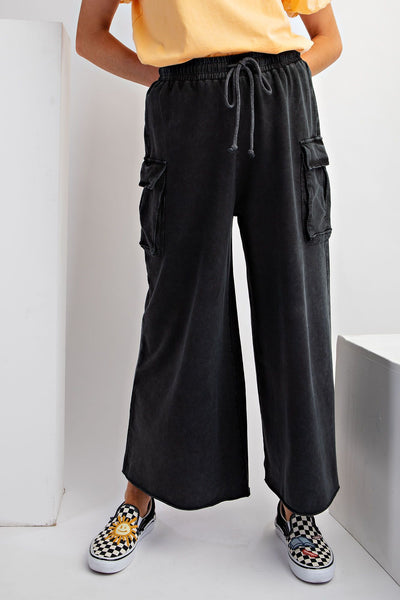 Game On Cropped Cargo Wide Leg Pant in Black