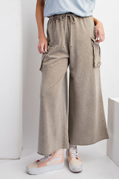 Game On Cropped Cargo Wide Leg Pant in Olive Grey