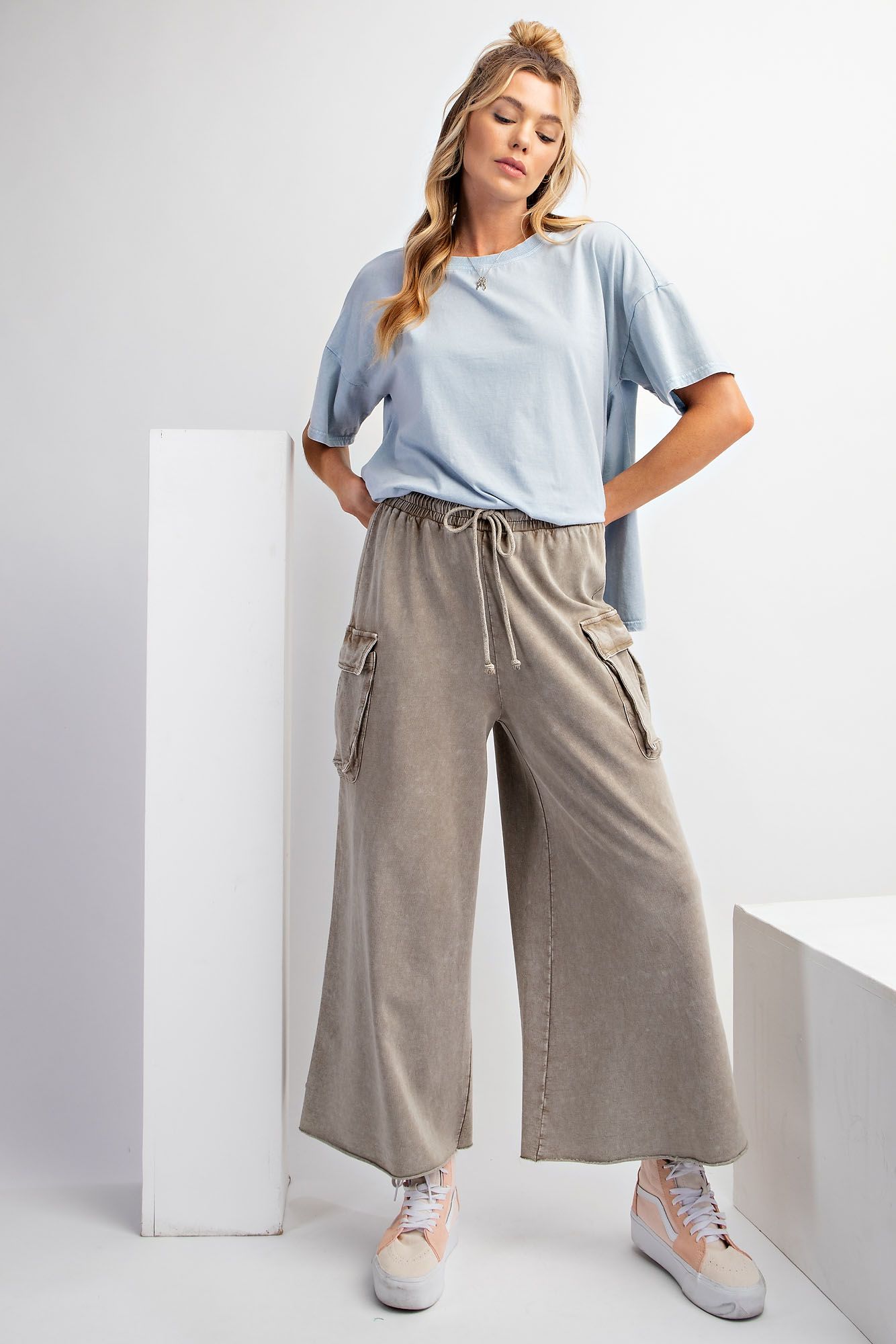 Game On Cropped Cargo Wide Leg Pant in Olive Grey