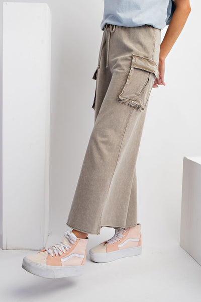 Game On Cropped Cargo Wide Leg Pant in Olive Grey