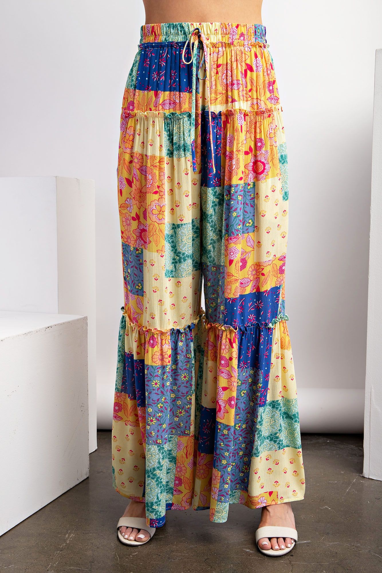 Lost in Love Patchwork Boho Pants in Lemon Blue