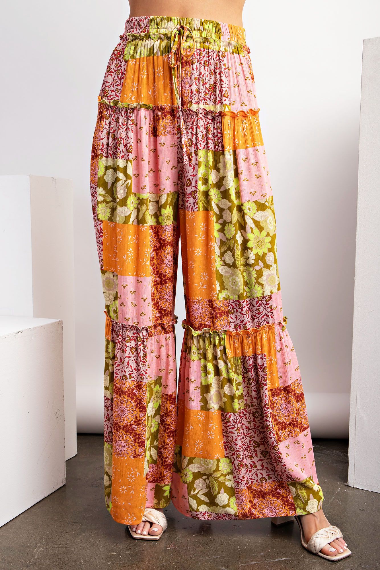 Lost in Love Patchwork Boho Pants in Peach Avocado