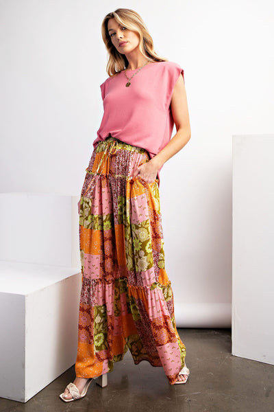 Lost in Love Patchwork Boho Pants in Peach Avocado