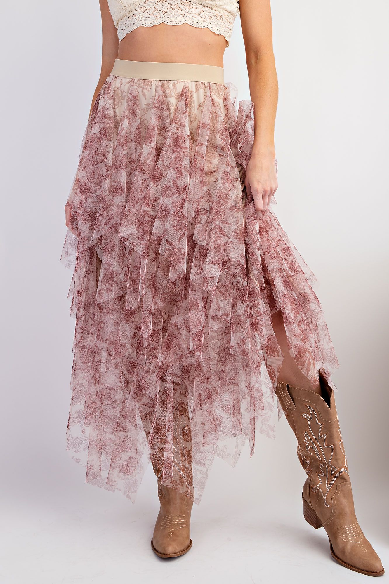 Tiffany Mesh Ballerina Tulle Maxi Skirt in Cream Rose