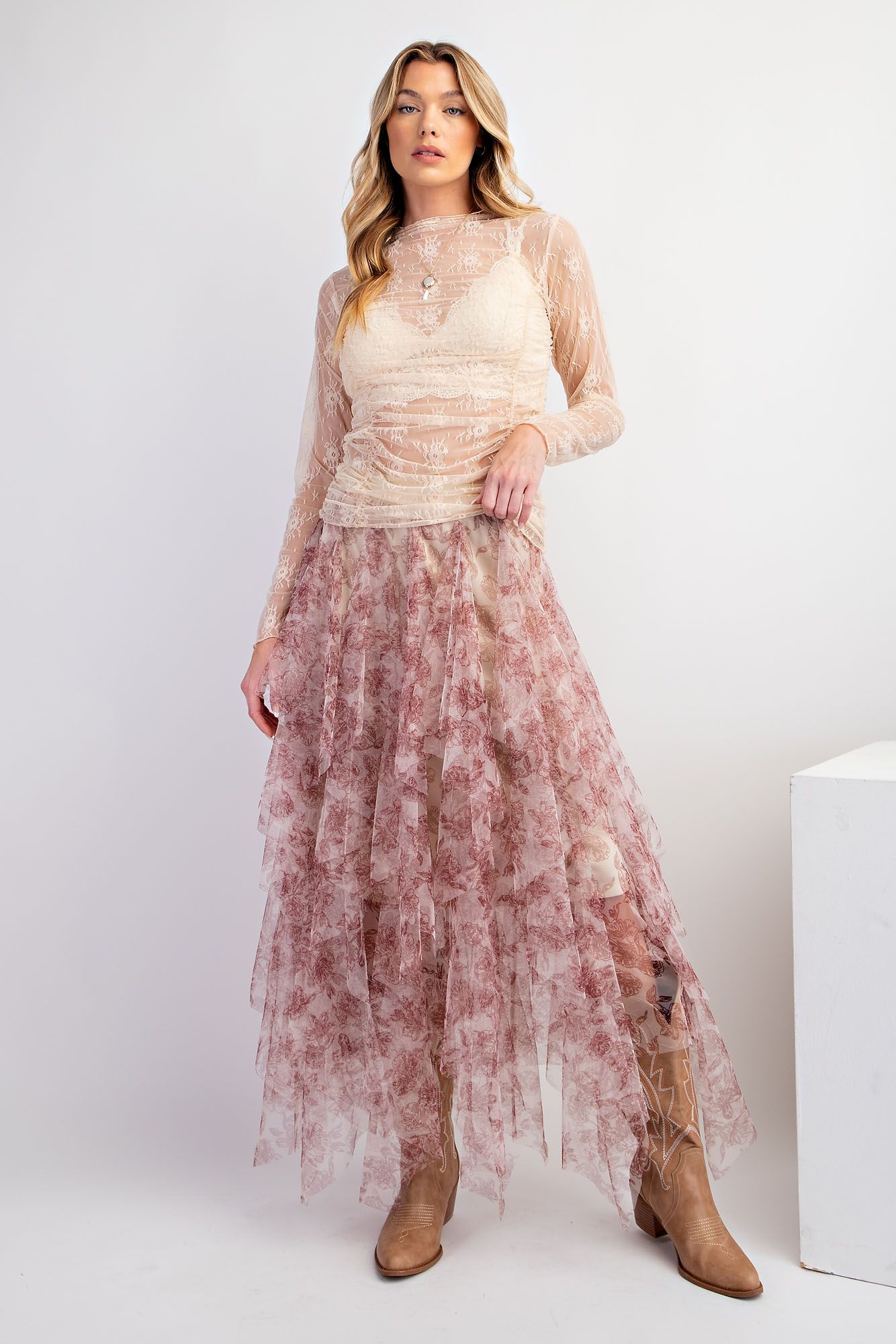 Tiffany Mesh Ballerina Tulle Maxi Skirt in Cream Rose