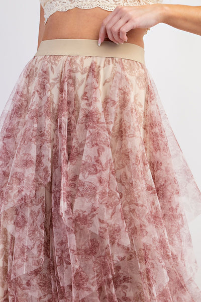 Tiffany Mesh Ballerina Tulle Maxi Skirt in Cream Rose