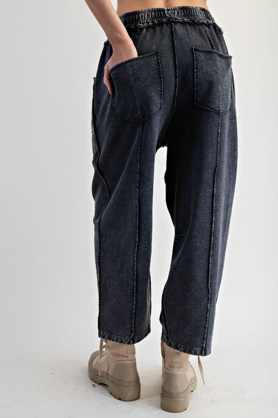 Eryn Mineral Washed Terry Knit Barrel Pants in Black