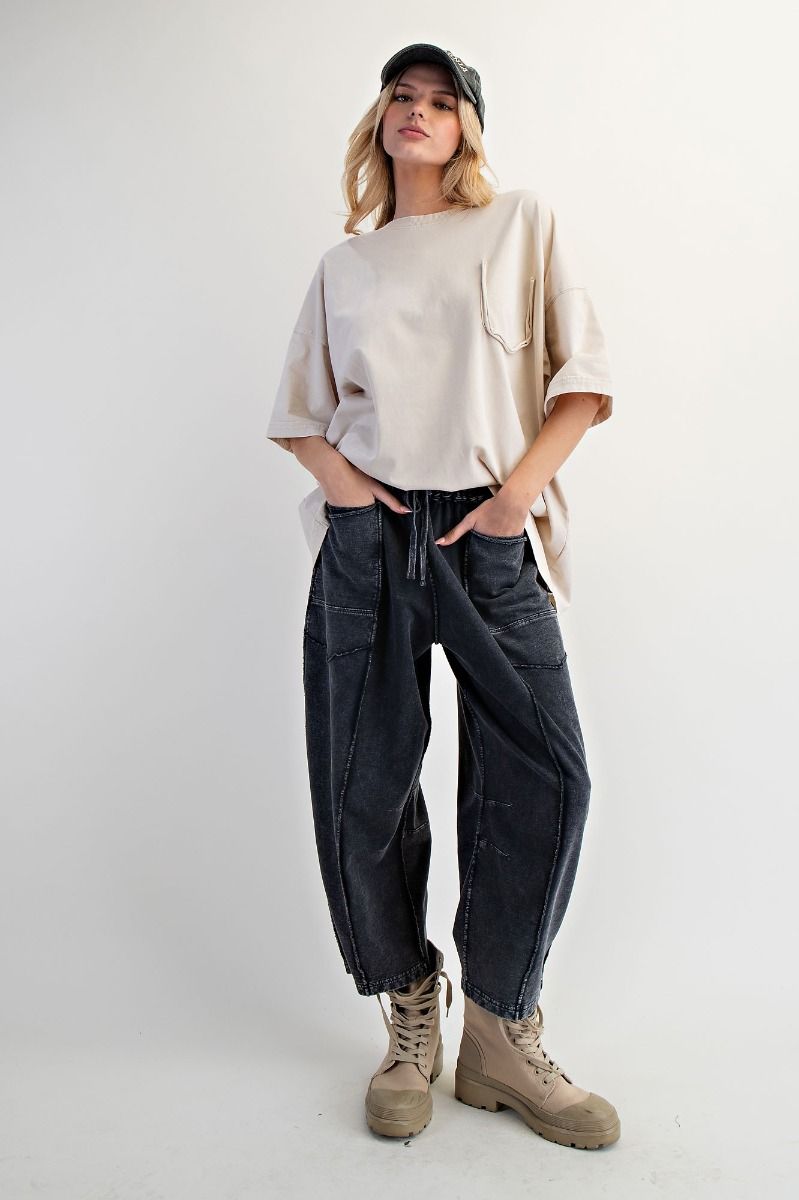 Eryn Mineral Washed Terry Knit Barrel Pants in Black