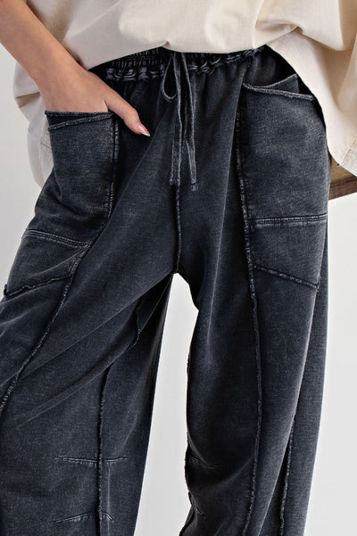 Eryn Mineral Washed Terry Knit Barrel Pants in Black