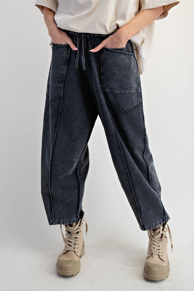 Eryn Mineral Washed Terry Knit Barrel Pants in Black