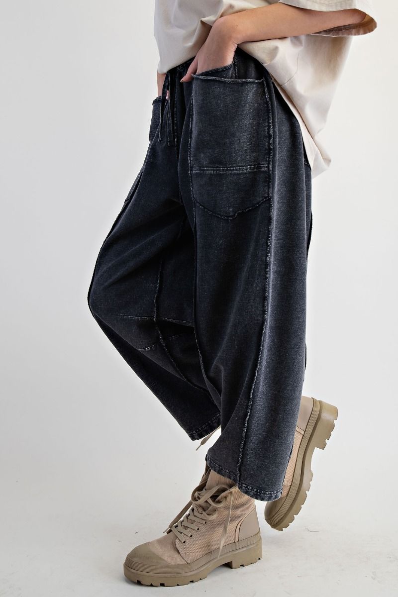 Eryn Mineral Washed Terry Knit Barrel Pants in Black