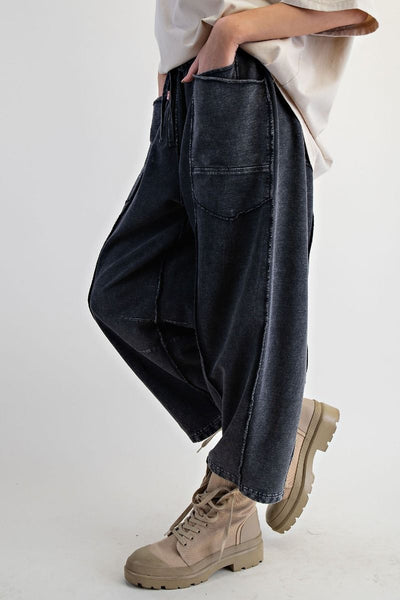 Eryn Mineral Washed Terry Knit Barrel Pants in Black