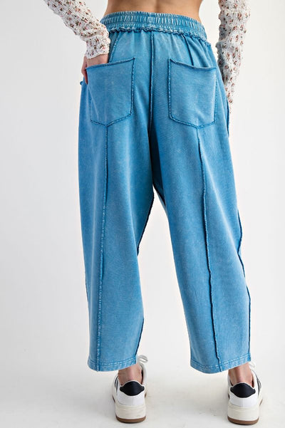 Eryn Mineral Washed Terry Knit Barrel Pants in Day Blue