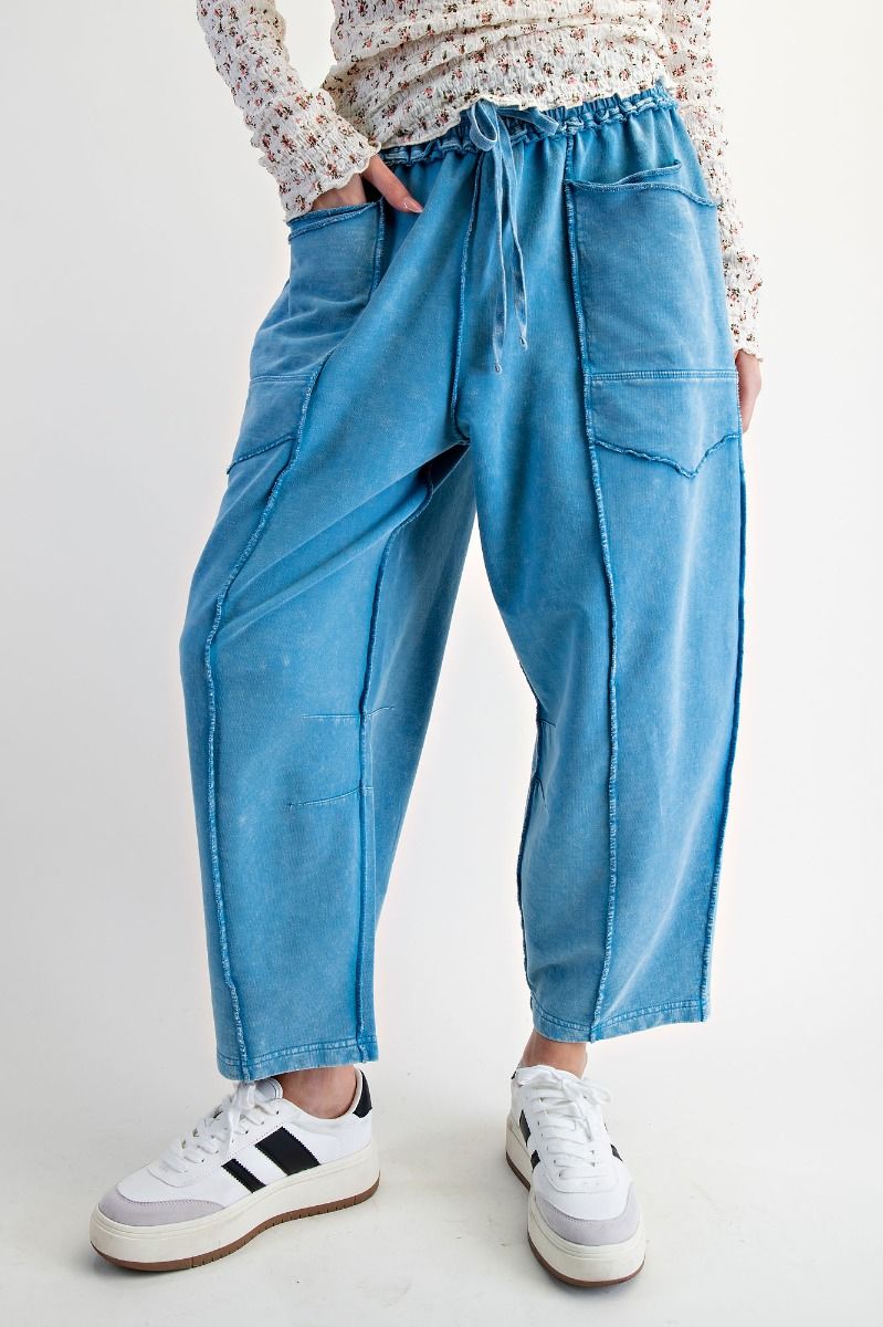 Eryn Mineral Washed Terry Knit Barrel Pants in Day Blue