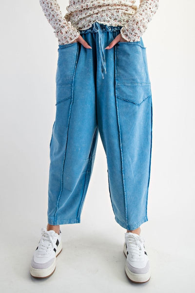 Eryn Mineral Washed Terry Knit Barrel Pants in Day Blue