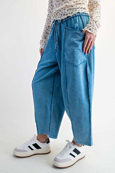 Eryn Mineral Washed Terry Knit Barrel Pants in Day Blue