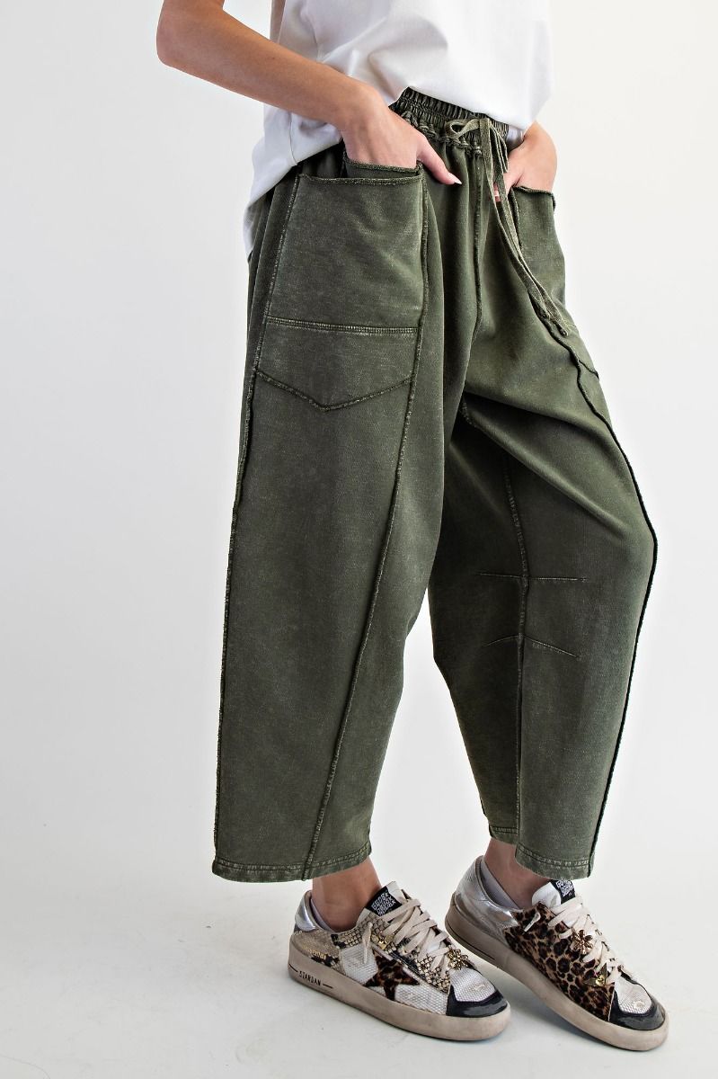 Eryn Mineral Washed Terry Knit Barrel Pants in Pine Green