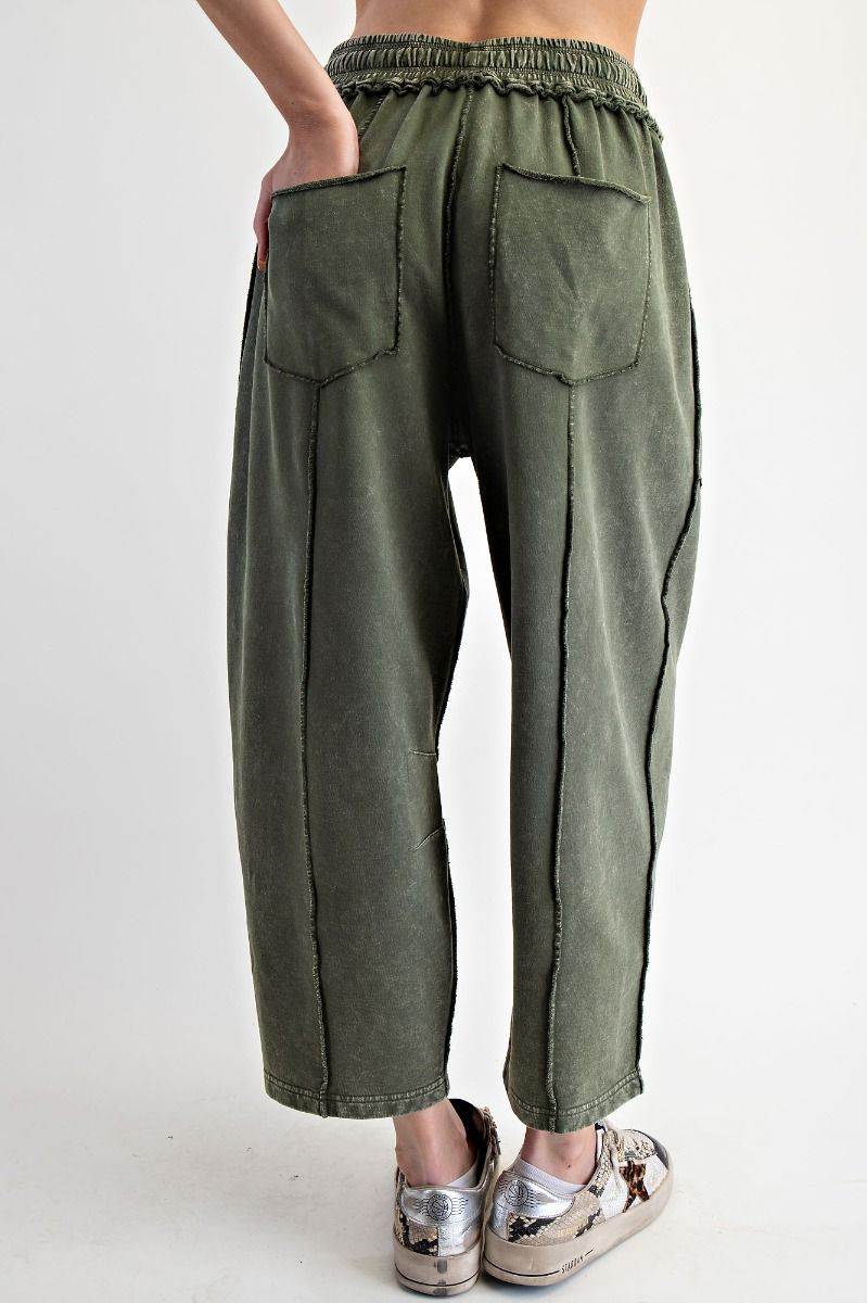 Eryn Mineral Washed Terry Knit Barrel Pants in Pine Green