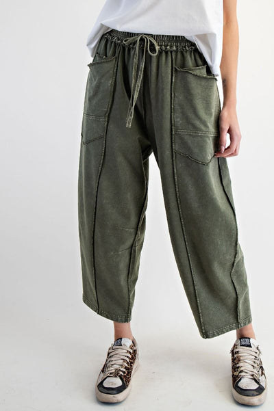 Eryn Mineral Washed Terry Knit Barrel Pants in Pine Green