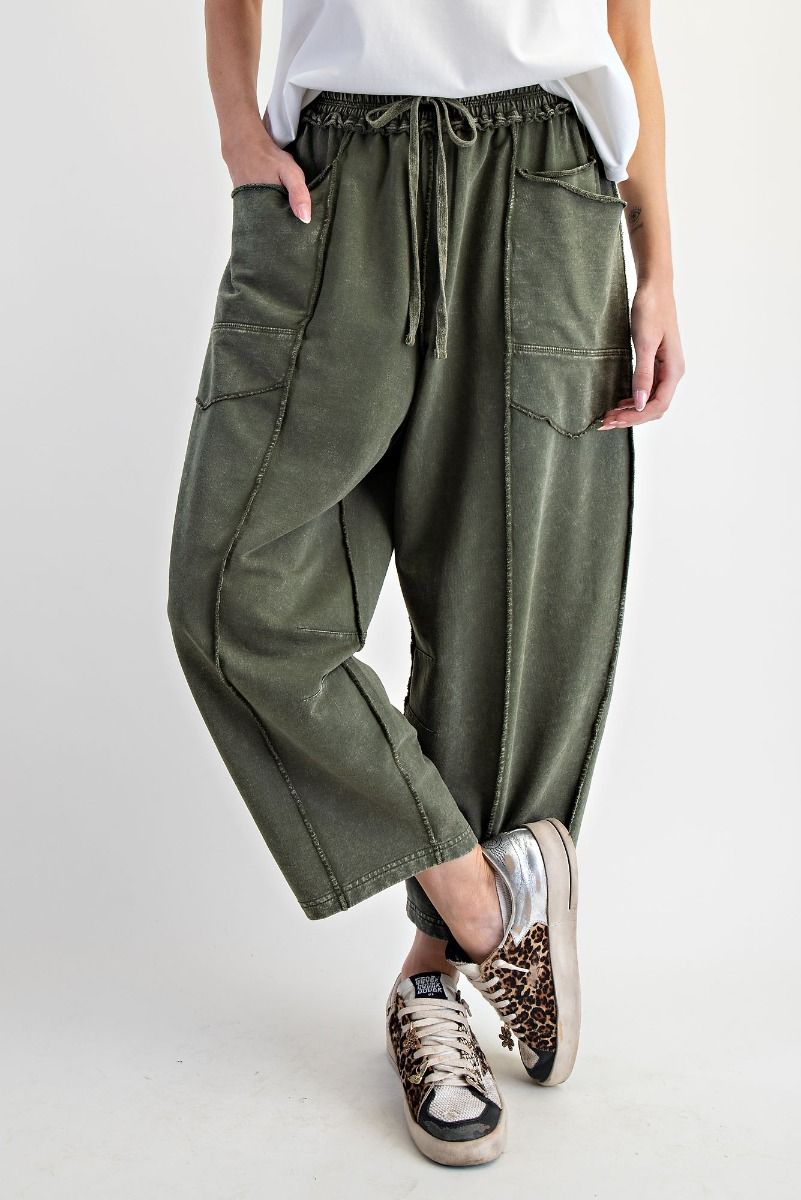Eryn Mineral Washed Terry Knit Barrel Pants in Pine Green