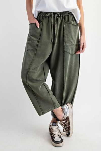 Eryn Mineral Washed Terry Knit Barrel Pants in Pine Green