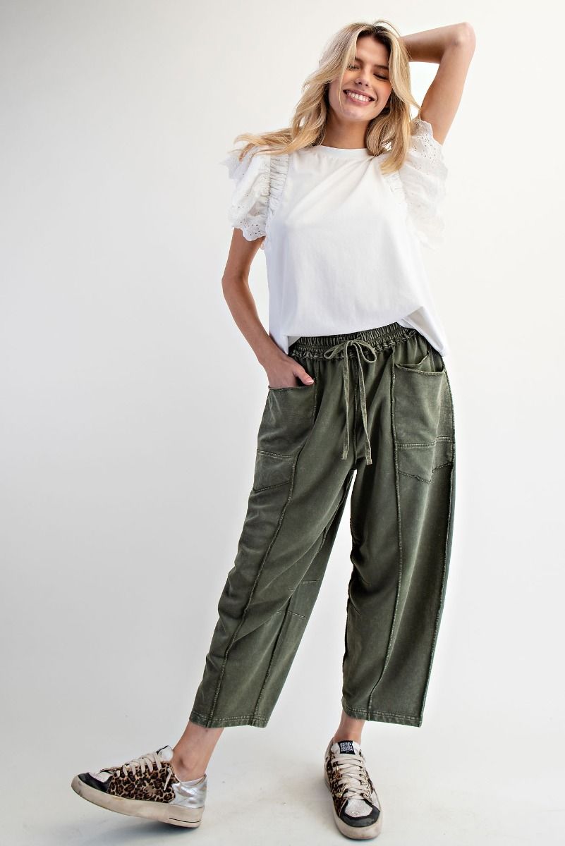 Eryn Mineral Washed Terry Knit Barrel Pants in Pine Green