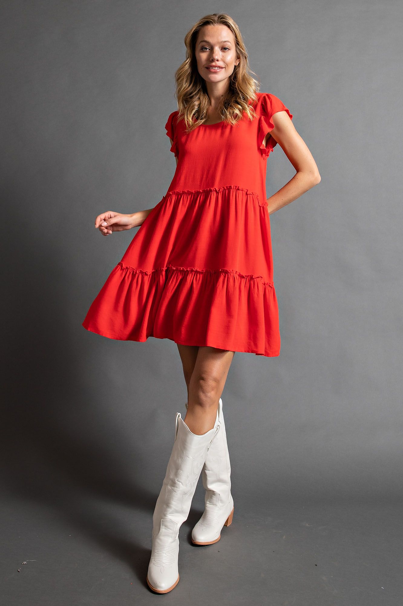 Love Poppy Linen Ruffled Tiered Dress in Vibrant Orange