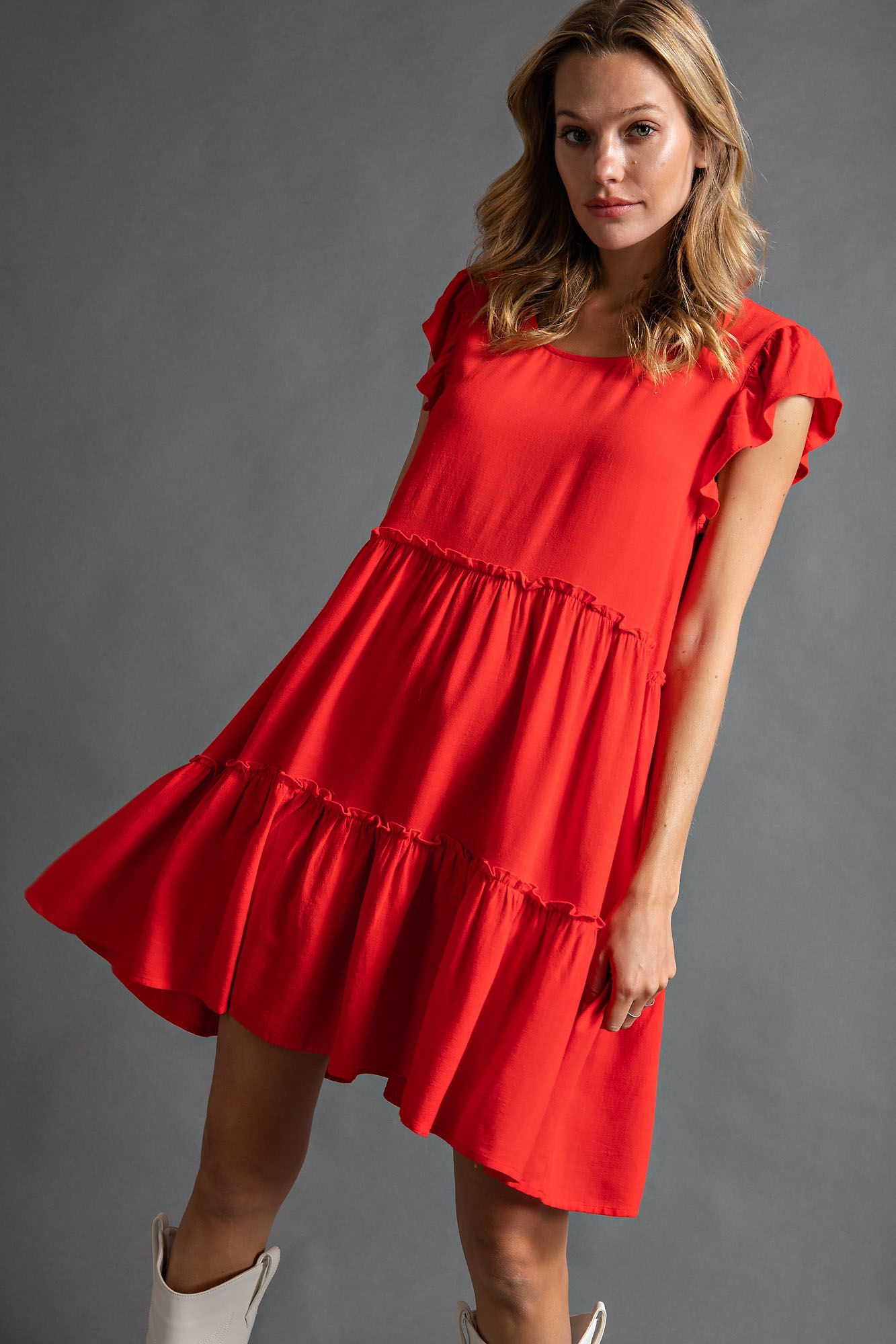 Love Poppy Linen Ruffled Tiered Dress in Vibrant Orange