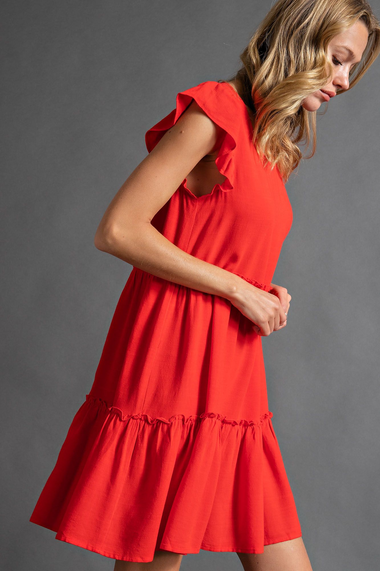 Love Poppy Linen Ruffled Tiered Dress in Vibrant Orange