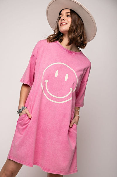 Don't Worry Be Happy Oversized Smiley Face Dress in Barbie Pink