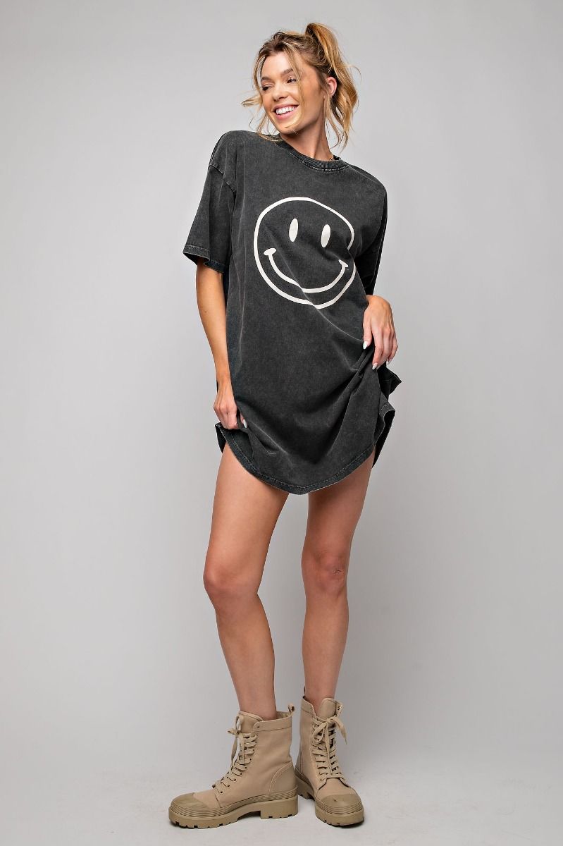 Don't Worry Be Happy Oversized Smiley Face Dress in Black