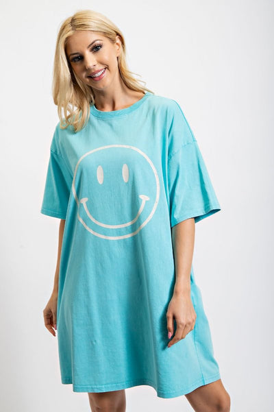 Don't Worry Be Happy Oversized Smiley Face Dress in Turquoise