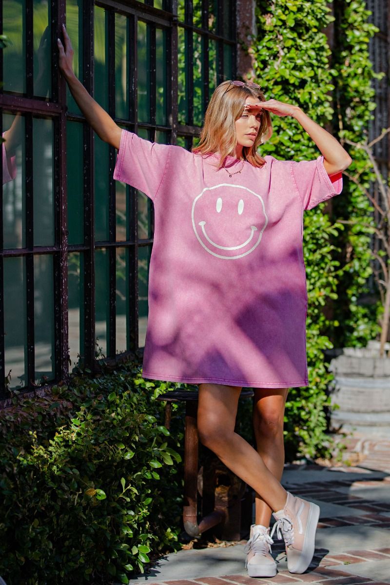 Don't Worry Be Happy Oversized Smiley Face Dress in Barbie Pink