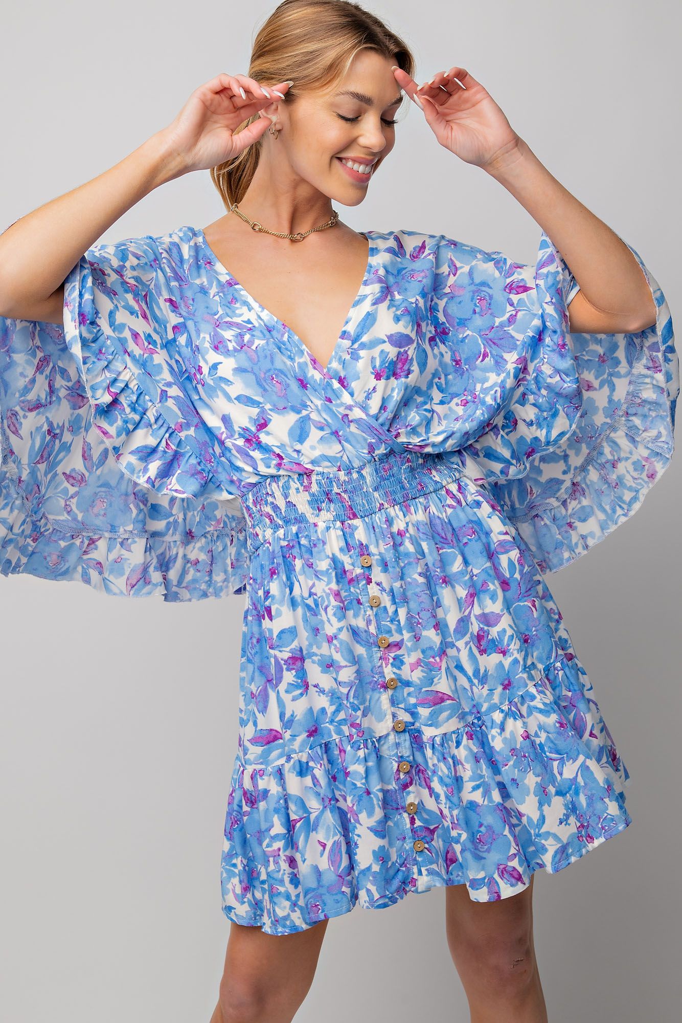 Sunday Best Floral Print Romper Dress in Peri Blue
