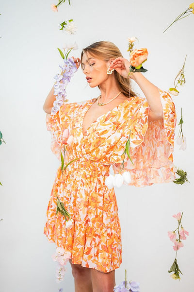 Sunday Best Floral Print Romper Dress in Orange
