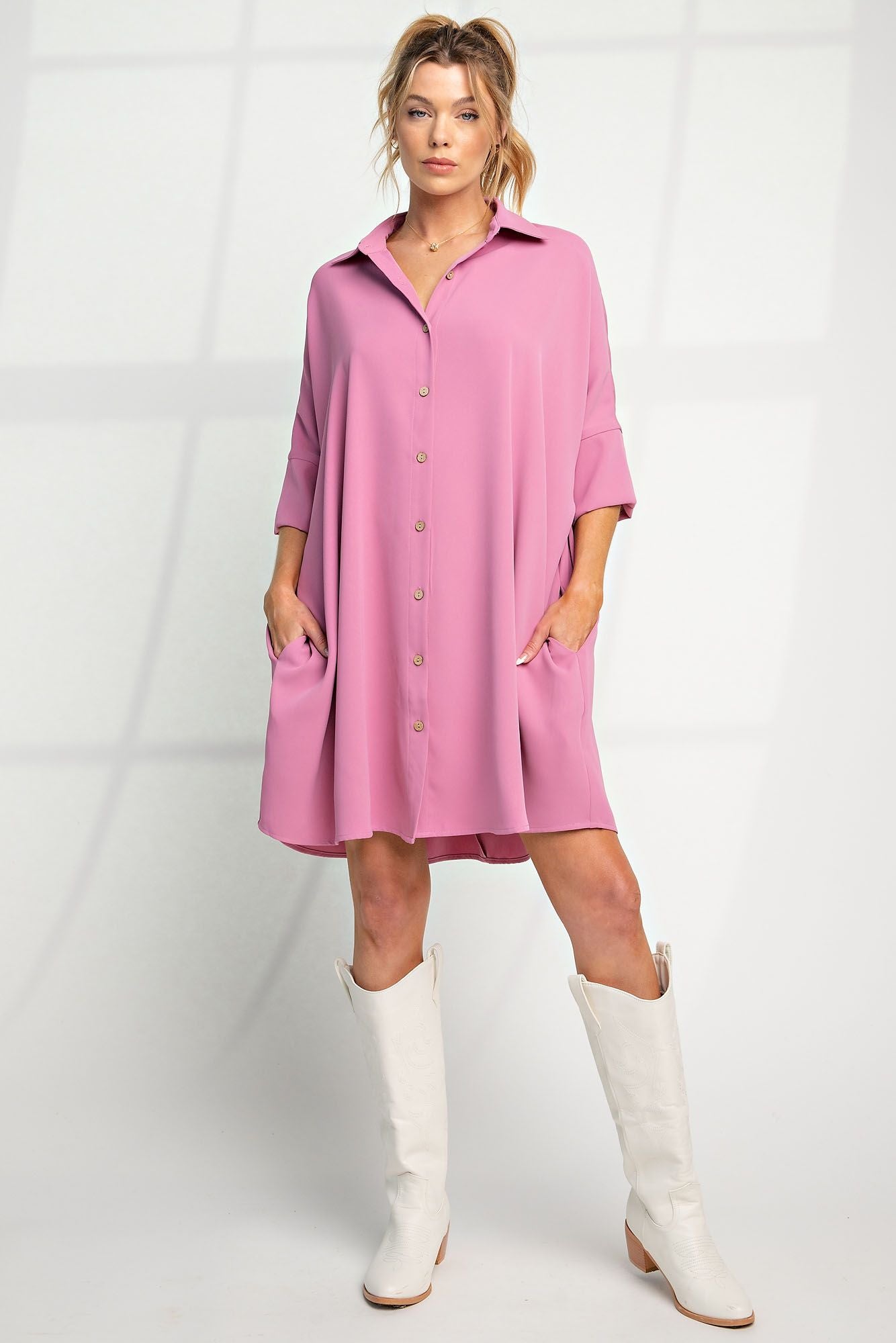 Meet Me Halfway Button Down Shirt Dress in Lipstick Pink