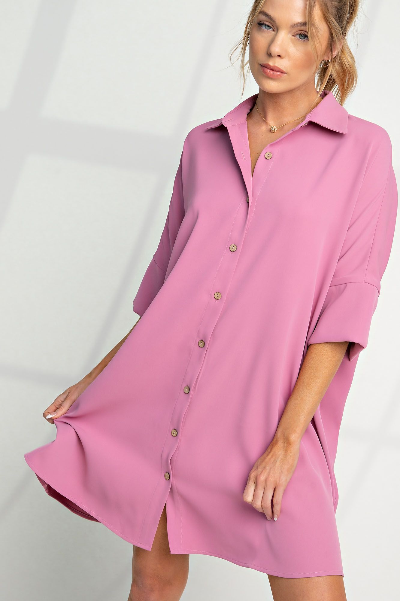 Meet Me Halfway Button Down Shirt Dress in Lipstick Pink