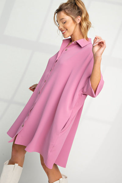 Meet Me Halfway Button Down Shirt Dress in Lipstick Pink