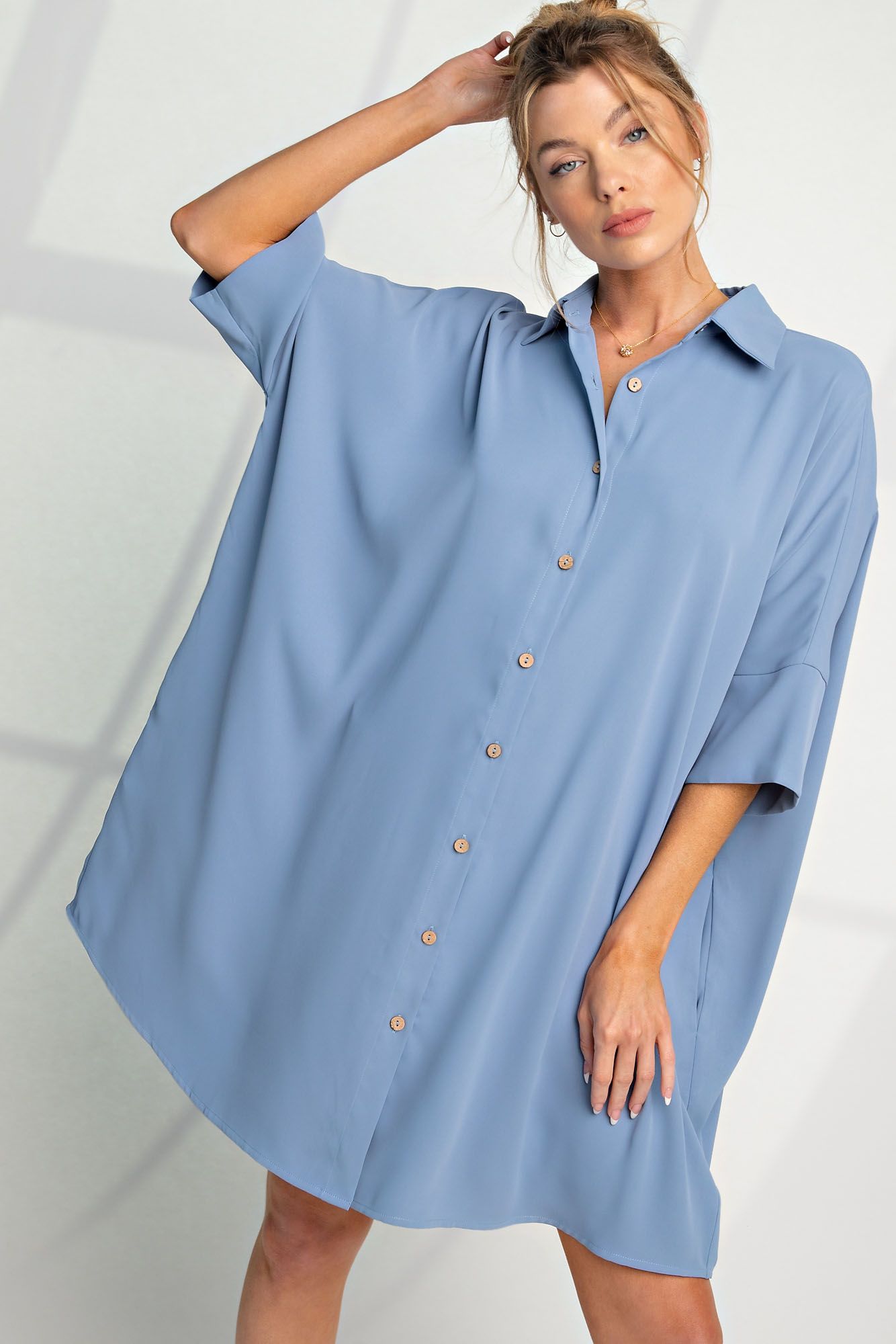 Meet Me Halfway Button Down Shirt Dress in Pale Blue