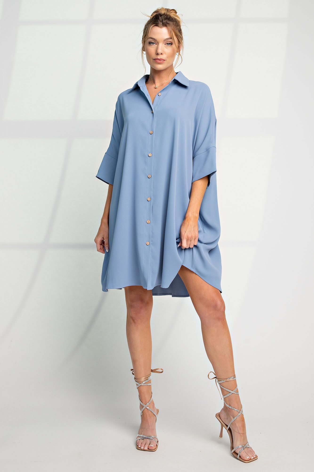 Meet Me Halfway Button Down Shirt Dress in Pale Blue